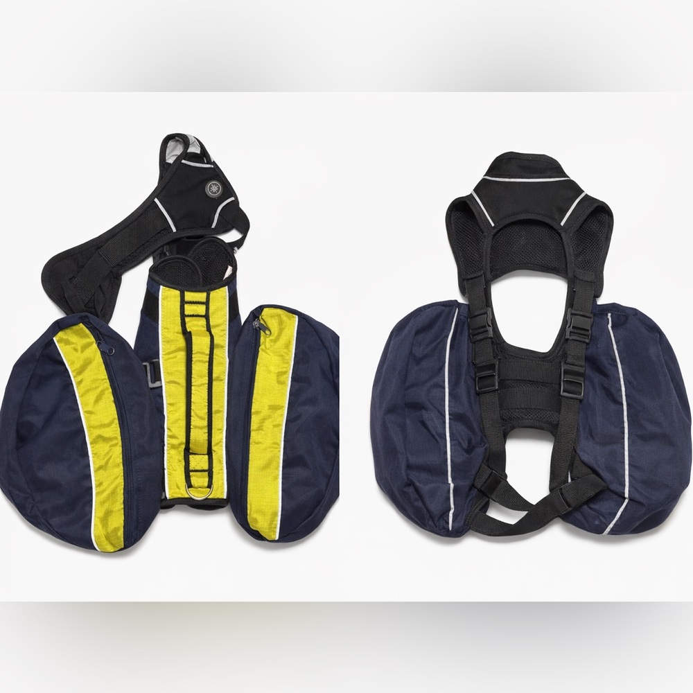 Dog Backpack Harness – Blue/Yellow Saddlebag Style
• Adjustable Dog Hiking